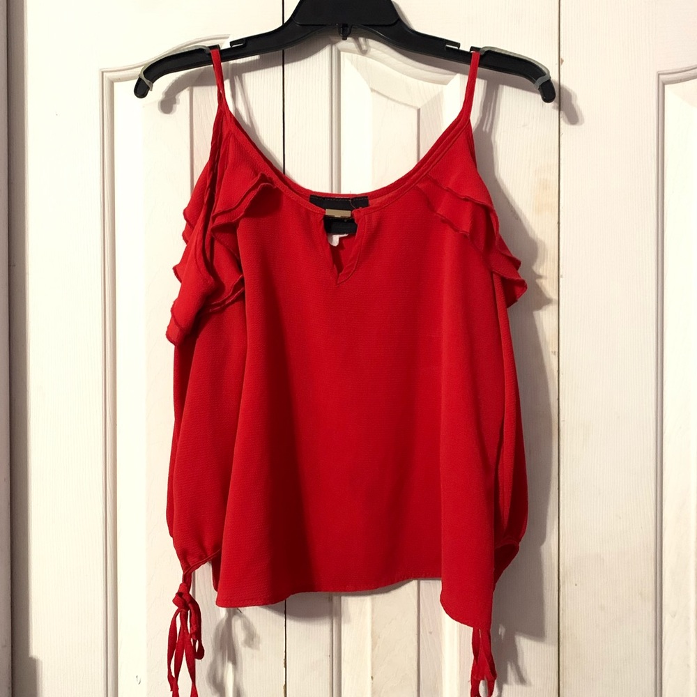 Red long sleeve blouse with cut shoulder